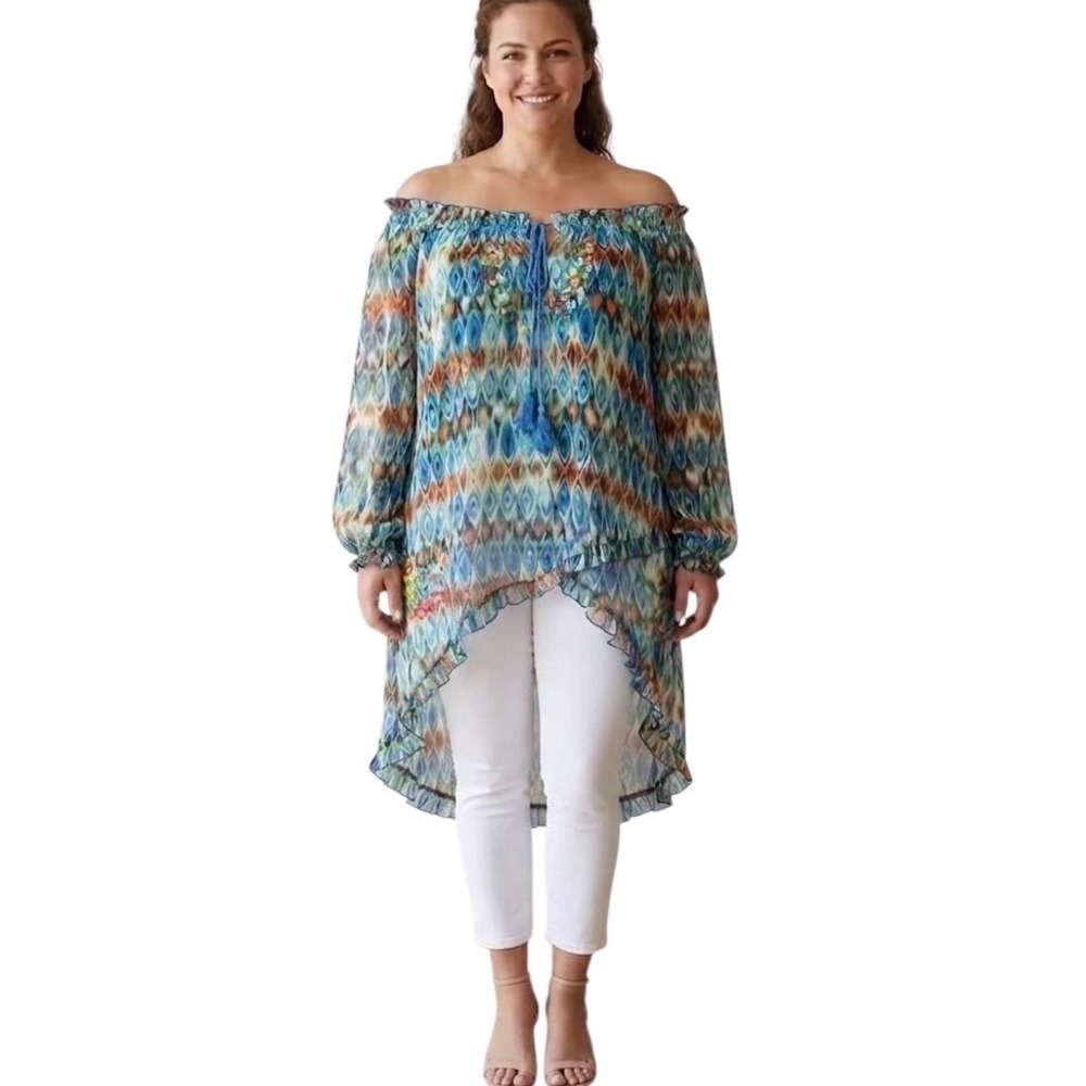 Urban Mangoz Blue Ikat Floral Embroidered Off Shoulder High Low Tunic Top Lg/ XL